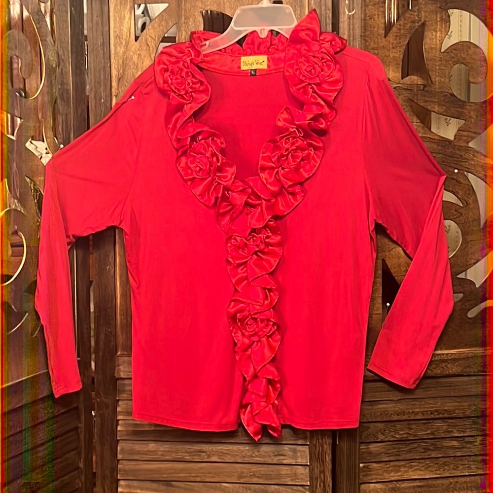 GUC XL Midnight Velvet red knit pullover, with ruffles around neck & down center